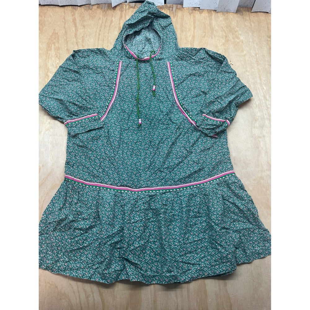 Handmade Floral Hooded Drop Waist Dress Green Rickrack Trim Cottagecore L/XL